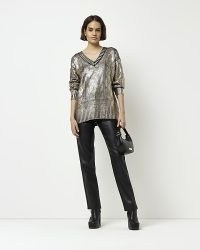 River Island GOLD CABLE KNIT METALLIC JUMPER | shiny V-neck jumpers