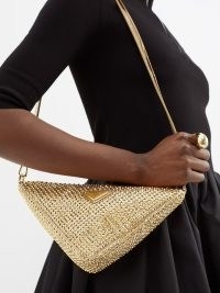PRADA Crystal-embellished satin shoulder bag in gold ~ luxe triangular shaped bags ~ luxury handbags covered in crystals ~ glamorous metallic occasion accessories