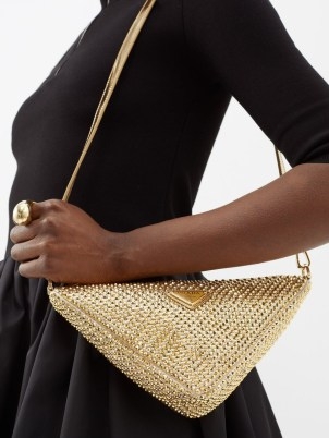 PRADA Crystal-embellished satin shoulder bag in gold ~ luxe triangular shaped bags ~ luxury handbags covered in crystals ~ glamorous metallic occasion accessories - flipped