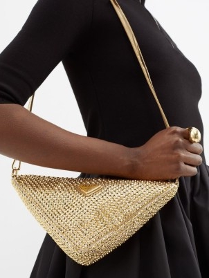 PRADA Crystal-embellished satin shoulder bag in gold ~ luxe triangular shaped bags ~ luxury handbags covered in crystals ~ glamorous metallic occasion accessories