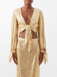 TOM FORD Gold knot-front sequinned-mesh cropped top / shimmering sequin covered crop tops / glamorous occasion clothes / luxe party fashion / glamour