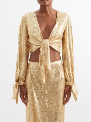 TOM FORD Gold knot-front sequinned-mesh cropped top / shimmering sequin covered crop tops / glamorous occasion clothes / luxe party fashion / glamour - flipped