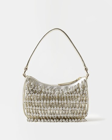River Island GOLD LEATHER BEADED SHOULDER BAG | small metallic bead embellished bags | 90s style handbags - flipped