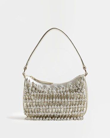 River Island GOLD LEATHER BEADED SHOULDER BAG | small metallic bead embellished bags | 90s style handbags