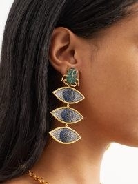 BEGÜM KHAN Scarab Nazar 24kt gold-plated clip earrings ~ statement occasion jewellery ~ large tiered drops