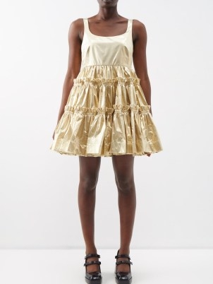 MOLLY GODDARD Selene gathered tiered-skirt lamé dress in gold ~ sleeveless frill hem occasion dresses ~ women’s luxe party fashion ~ womens metallic evening event glothes - flipped