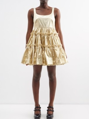 MOLLY GODDARD Selene gathered tiered-skirt lamé dress in gold ~ sleeveless frill hem occasion dresses ~ women’s luxe party fashion ~ womens metallic evening event glothes