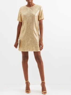 TOM FORD Sequinned mini dress in gold / luxe sequin covered T-shirt dresses / shimmering evening event clothes - flipped