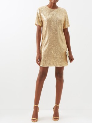 TOM FORD Sequinned mini dress in gold / luxe sequin covered T-shirt dresses / shimmering evening event clothes