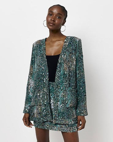 RIVER ISLAND GREEN ANIMAL PRINT SEQUIN CARDIGAN ~ sequinned evening jackets ~ glittering going out cardigans - flipped