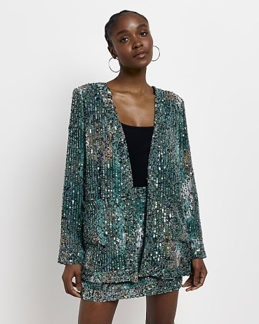 RIVER ISLAND GREEN ANIMAL PRINT SEQUIN CARDIGAN ~ sequinned evening jackets ~ glittering going out cardigans