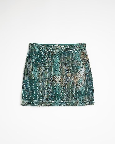 RIVER ISLAND GREEN ANIMAL PRINT SEQUIN MINI SKIRT ~ women’s sequinned evening skirts ~ glittering going out fashion ~ sparkling party clothes - flipped
