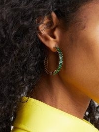 CRYSTAL HAZE Baguette crystal & 18kt gold-plated hoop earrings in green ~ large statement hoops embellished with emerald crystals