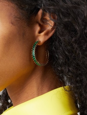 CRYSTAL HAZE Baguette crystal & 18kt gold-plated hoop earrings in green ~ large statement hoops embellished with emerald crystals - flipped