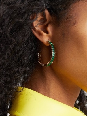 CRYSTAL HAZE Baguette crystal & 18kt gold-plated hoop earrings in green ~ large statement hoops embellished with emerald crystals