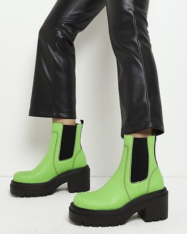 RIVER ISLAND GREEN FAUX LEATHER CHUNKY CHELSEA BOOTS - flipped