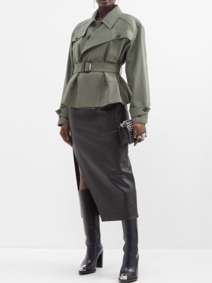 ALEXANDER MCQUEEN Peplum belted wool-blend tailored jacket in green | women’s chic military style jackets - flipped