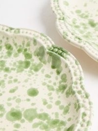 CABANA MAGAZINE Set of two speckled glazed-ceramic dinner plates in green ~ scalloped rims ~ glazed finish ~ rustic dinnerware sets