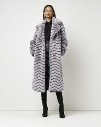 RIVER ISLAND GREY FAUX FUR PANELLED LONGLINE COAT / winter glamour / glamorous long length fake fur coats