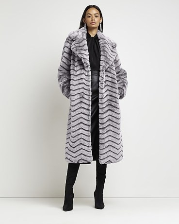RIVER ISLAND GREY FAUX FUR PANELLED LONGLINE COAT / winter glamour / glamorous long length fake fur coats - flipped