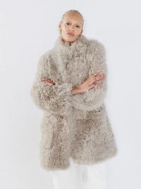 RAEY Stand-collar curly shearling coat in grey ~ luxe fluffy textured coats ~ winter glamour