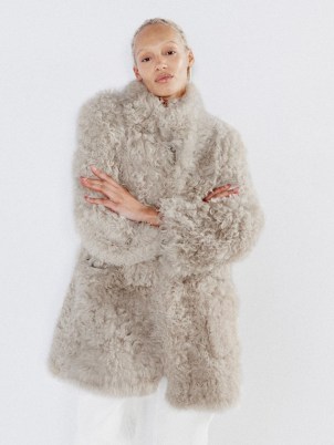 RAEY Stand-collar curly shearling coat in grey ~ luxe fluffy textured coats ~ winter glamour - flipped