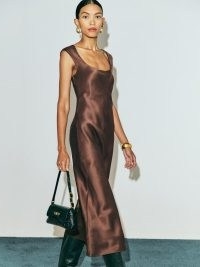 Reformation Hendrix Silk Dress in Cafe ~ luxe brown scoop neck slip dresses ~ brown silky evening fashion