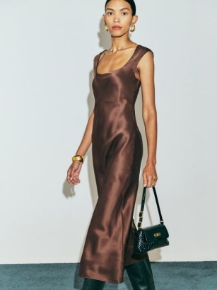 Reformation Hendrix Silk Dress in Cafe ~ luxe brown scoop neck slip dresses ~ brown silky evening fashion - flipped