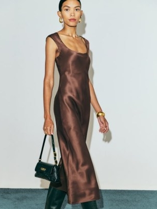 Reformation Hendrix Silk Dress in Cafe ~ luxe brown scoop neck slip dresses ~ brown silky evening fashion