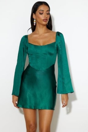 HELLO MOLLY MEET UP DATE MINI DRESS TEAL ~ green fitted bodice lace up back evening dresses ~ long flared sleeves ~ satin corset style party fashion - flipped