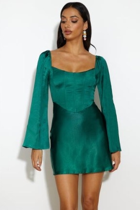 HELLO MOLLY MEET UP DATE MINI DRESS TEAL ~ green fitted bodice lace up back evening dresses ~ long flared sleeves ~ satin corset style party fashion