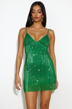 HELLO MOLLY SHIMMER GIRL MINI DRESS GREEN ~ strappy sequinned cut out back party dresses ~ sequin covered evening fashion