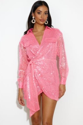 HELLO MOLLY PARTY SHIRT DRESS PINK ~ sequinned tie waist wrap dresses ~ glamorous sequin embellished party fashion - flipped