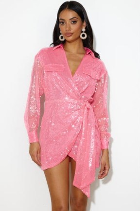 HELLO MOLLY PARTY SHIRT DRESS PINK ~ sequinned tie waist wrap dresses ~ glamorous sequin embellished party fashion