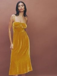 Reformation Inessa Velvet Dress in Turmeric – plush dark yellow spaghetti strap bust cup dresses – luxe occasion fashion with skinny shoulder straps