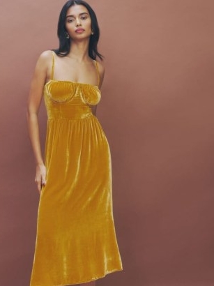 Reformation Inessa Velvet Dress in Turmeric – plush dark yellow spaghetti strap bust cup dresses – luxe occasion fashion with skinny shoulder straps