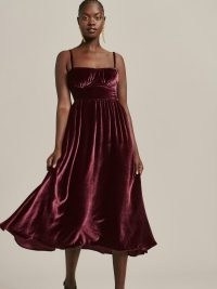 Reformation Inessa Velvet Dress in Prune ~ strappy fitted bust flared hem occasion dresses ~ luxe spaghetti strap evening fashion ~ sumptuous fit and flare