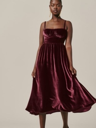 Reformation Inessa Velvet Dress in Prune ~ strappy fitted bust flared hem occasion dresses ~ luxe spaghetti strap evening fashion ~ sumptuous fit and flare - flipped
