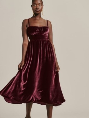Reformation Inessa Velvet Dress in Prune ~ strappy fitted bust flared hem occasion dresses ~ luxe spaghetti strap evening fashion ~ sumptuous fit and flare