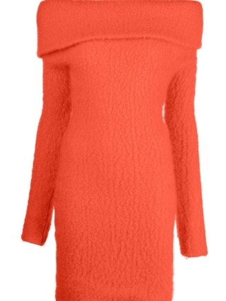 Hailey Bieber’s long sleeved, orange knit bardot bodycon, Isabel Marant Aria off-shoulder knitted dress. Worn with a pair of chunky black leather loafers and carrying a baby blue fluffy grab bag. Out for dinner at Nobu in Malibu, 29 November 2022 | celebrity going out evening fashion | models off duty dresses - flipped