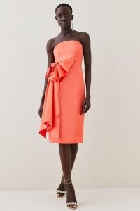 KAREN MILLEN Italian Structured Satin Bandeau Bow Detail Pencil Midi Dress in Coral Pink ~ silky strapless party dresses