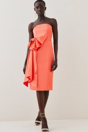 KAREN MILLEN Italian Structured Satin Bandeau Bow Detail Pencil Midi Dress in Coral Pink ~ silky strapless party dresses