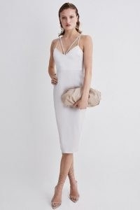 KAREN MILLEN Italian Structured Satin Pencil Midi Dress in Oyster ~ glamorous skinny strap evening dresses