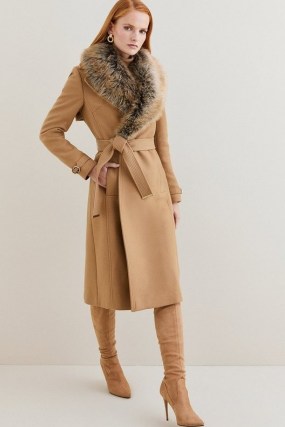 KAREN MILLEN Italian Virgin Wool Faux Fur Collared Coat in Camel ~ luxe light brown tie waist winter coats - flipped