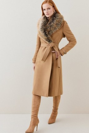 KAREN MILLEN Italian Virgin Wool Faux Fur Collared Coat in Camel ~ luxe light brown tie waist winter coats