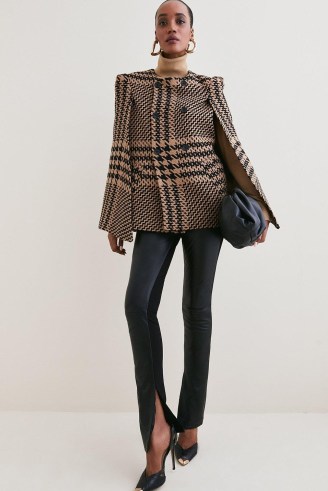 KAREN MILLEN Italian Wool Blend Check Cape Coat in Camel ~ chic dogtooth capes - flipped