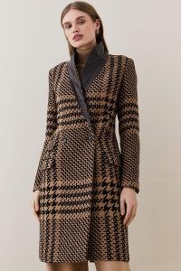 KAREN MILLEN Italian Wool Blend Check Faux Leather Contrast Double Breasted Coat / women’s checked coats