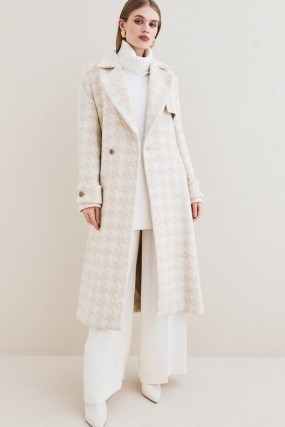 KAREN MILLEN Italian Wool Cashmere Oversized Dogtooth Coat in Neutral ~ chic checked trench style coats ~ women’s houndstooth tie waist coats - flipped