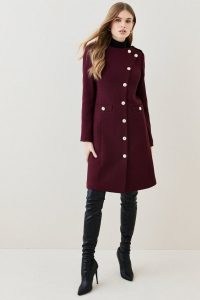 KAREN MILLEN Italian Wool Military Button Up Midi Coat in Fig ~ women’s chic collarless asymmetric front coats