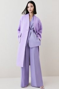 KAREN MILLEN Italian Wool Soft Textured Midi Belted Coat in Lilac ~ collarless tie waist midi coats ~ women’s luxe outerwear